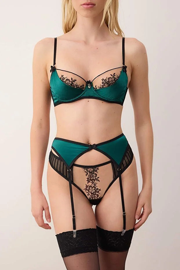 Emerald Green Velvet Floral Unlined Knitted Lingerie Set THMAW26CC00010