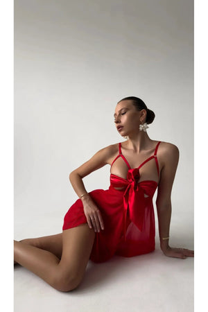 Red Ribbon Detailed Babydoll Nightgown