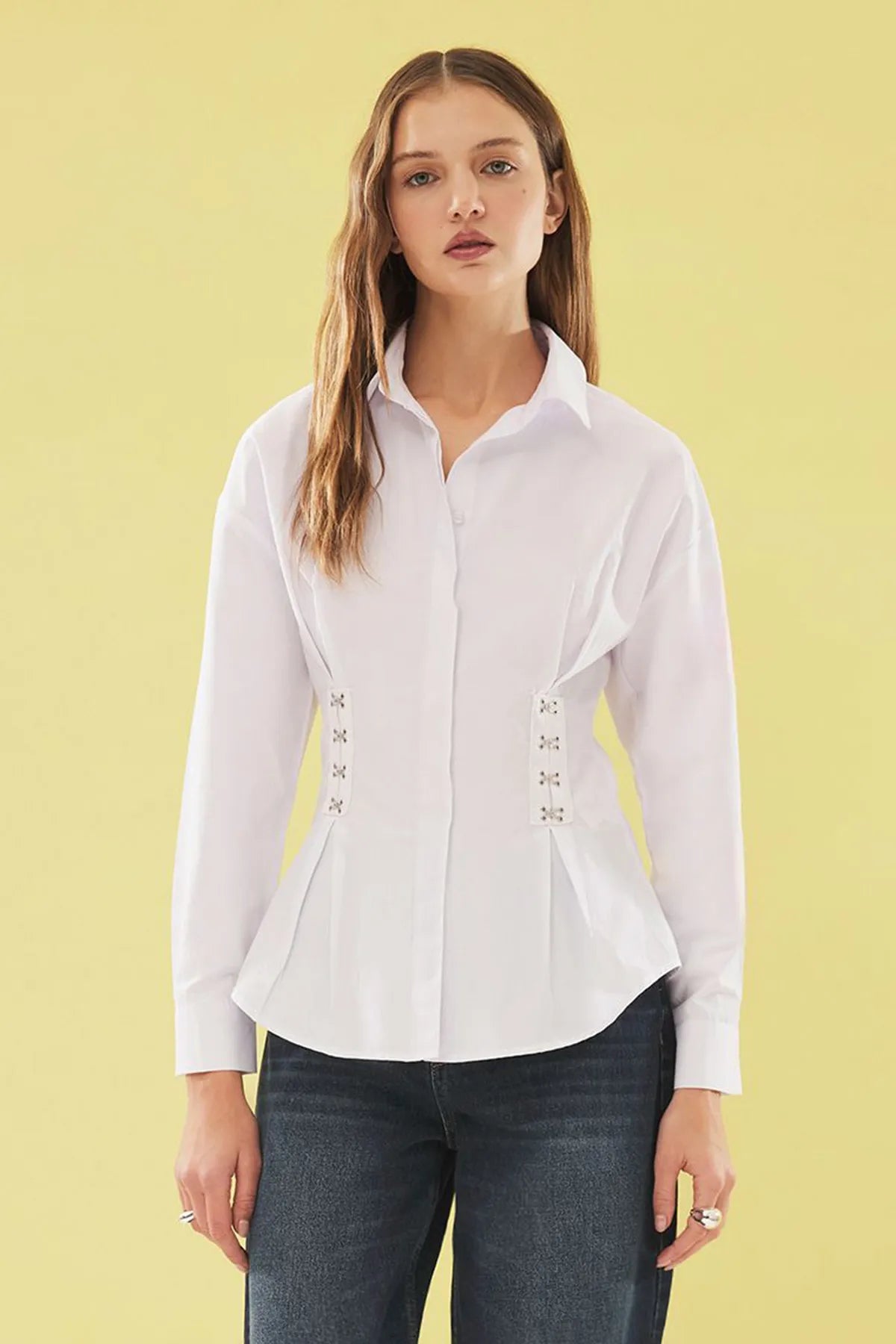 White Waist Tie and Corset Detailed Woven Shirt