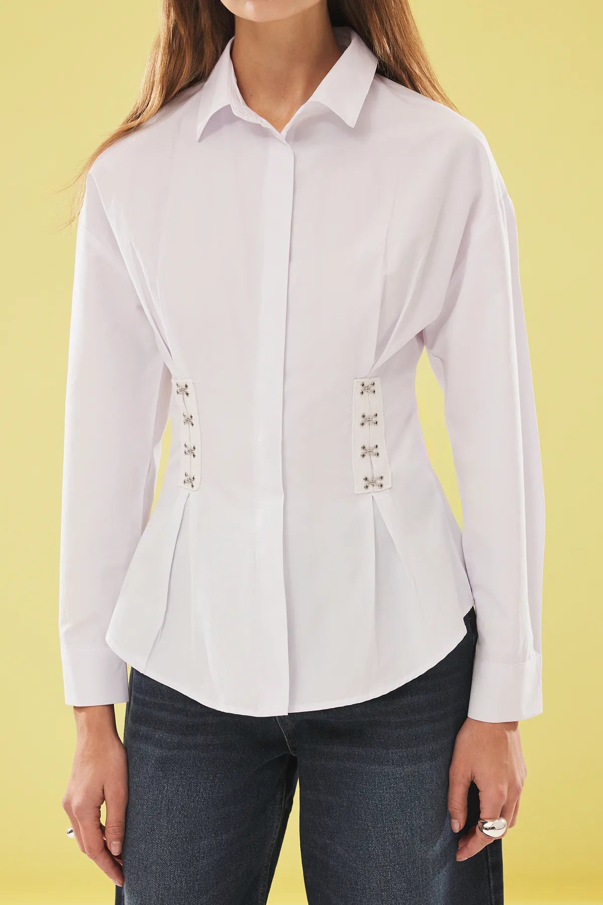 White Waist Tie and Corset Detailed Woven Shirt