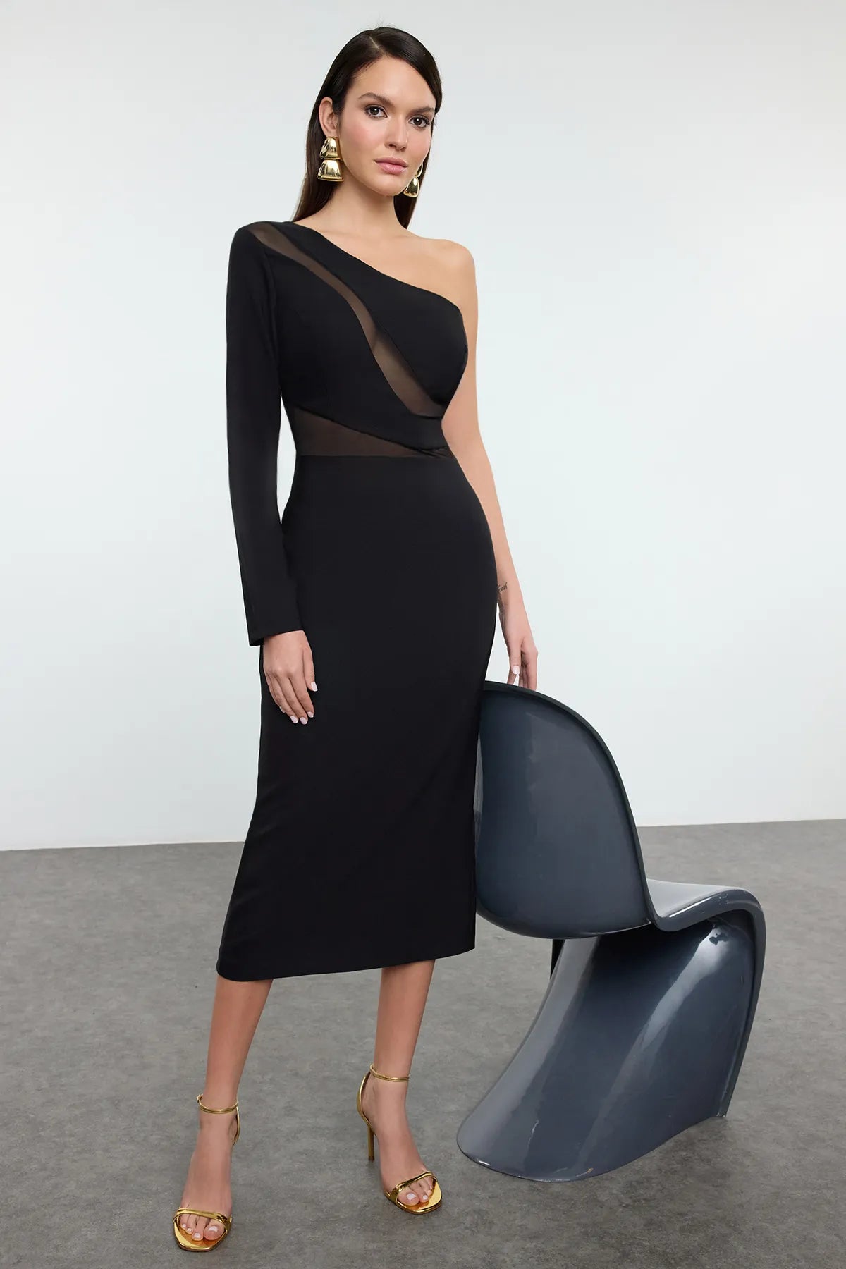 Black Body-fitting Transparent Detailed Single Sleeve Woven Dress