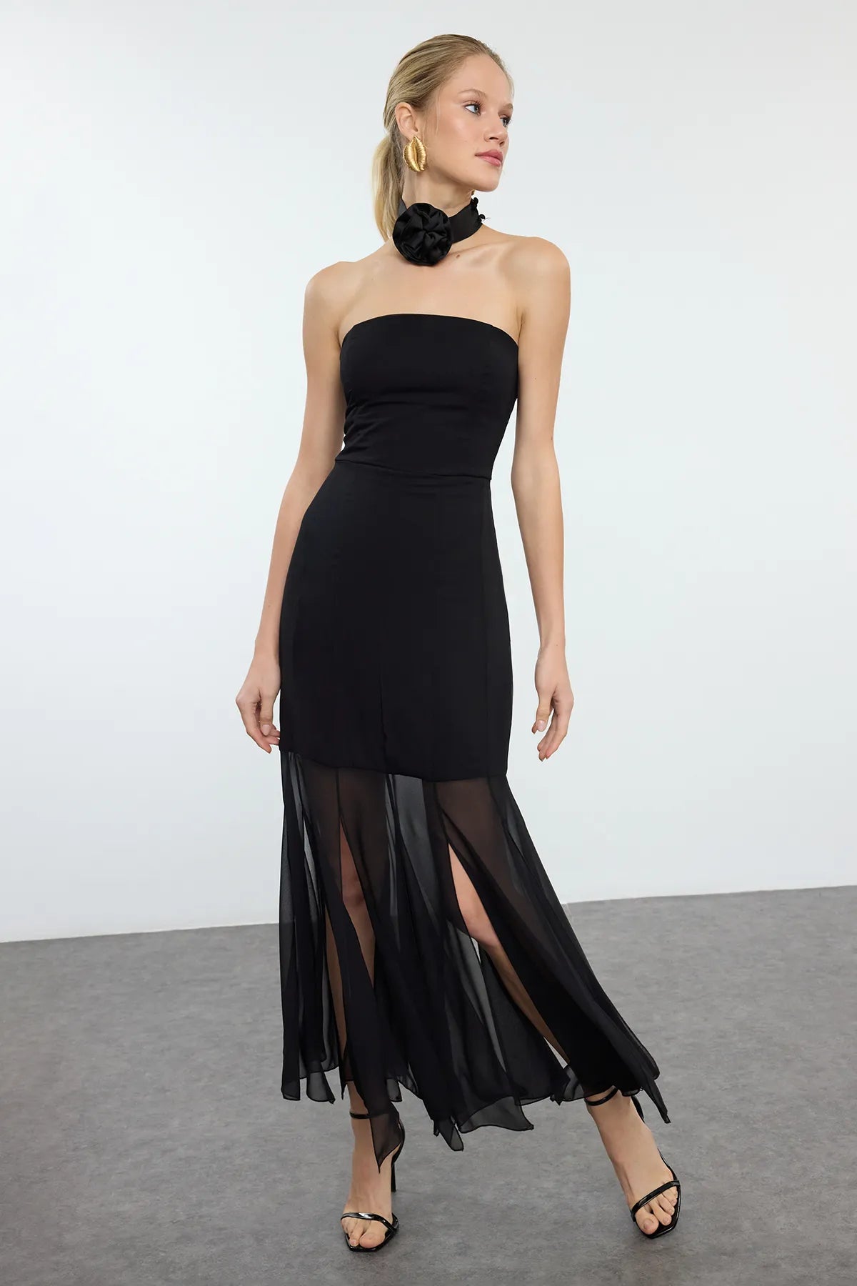 Black Strapless Chiffon Woven Elegant Evening Dress