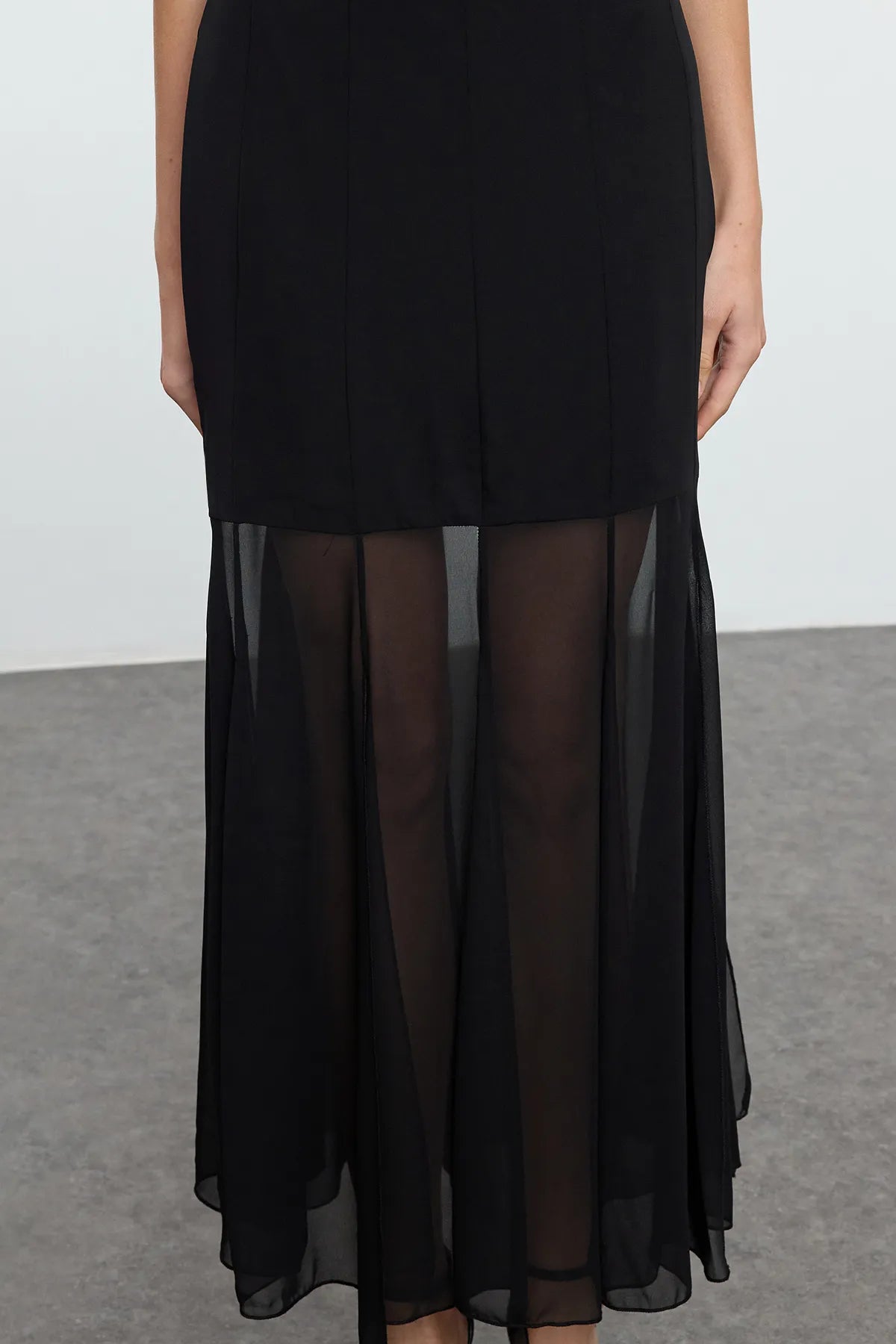 Black Strapless Chiffon Woven Elegant Evening Dress