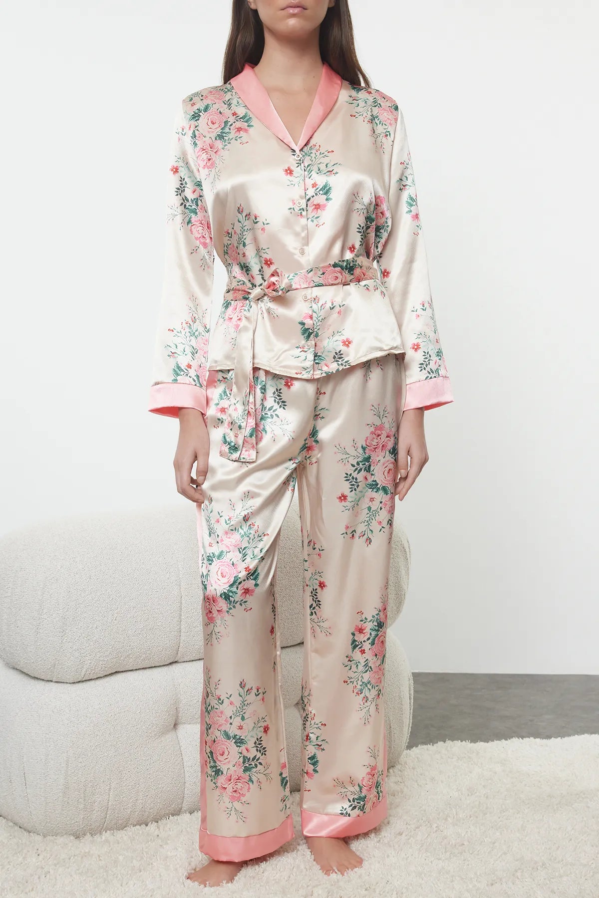 Salmon-Multicolored Belted Floral Satin Woven Pajama Set