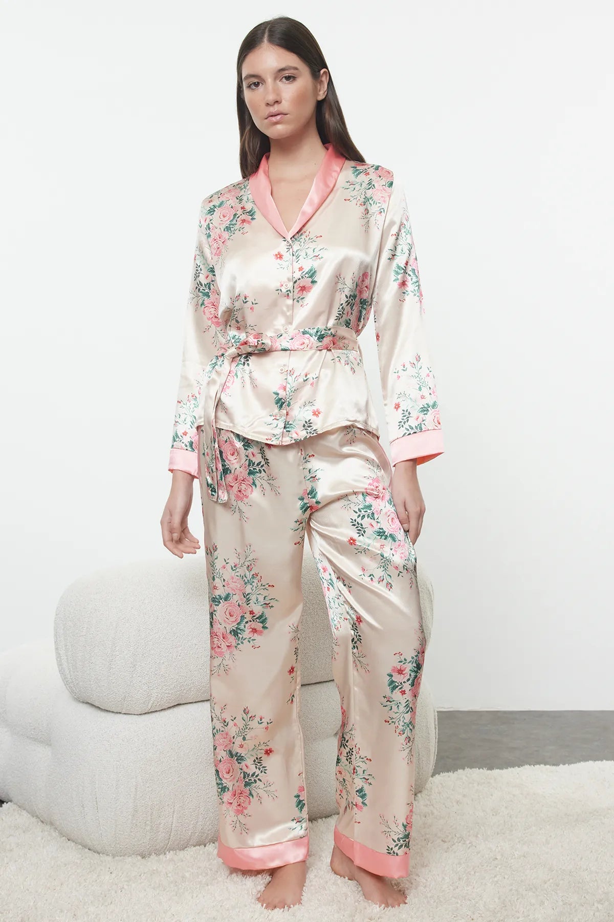 Salmon-Multicolored Belted Floral Satin Woven Pajama Set