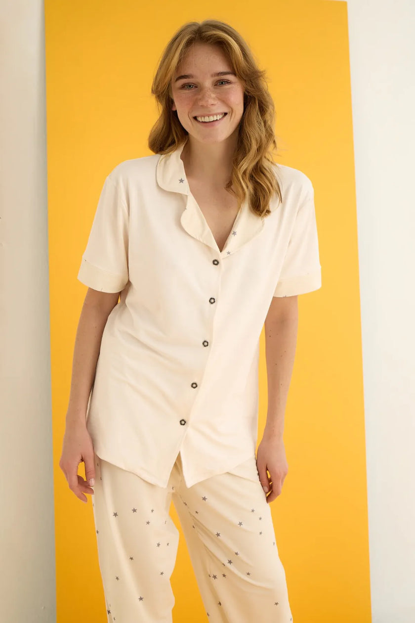 Star Patterned Shirt Collar Soft Touch Knitted Pajama Set