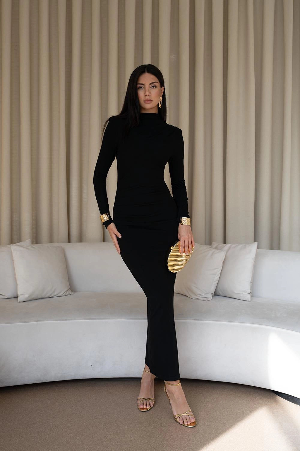 Black Long Dress with Drape Details