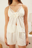 Beige Lace and Floral Accessory Detailed Flame Cotton Shorts Woven Pajama Set
