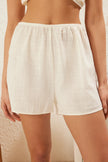 Beige Lace and Floral Accessory Detailed Flame Cotton Shorts Woven Pajama Set