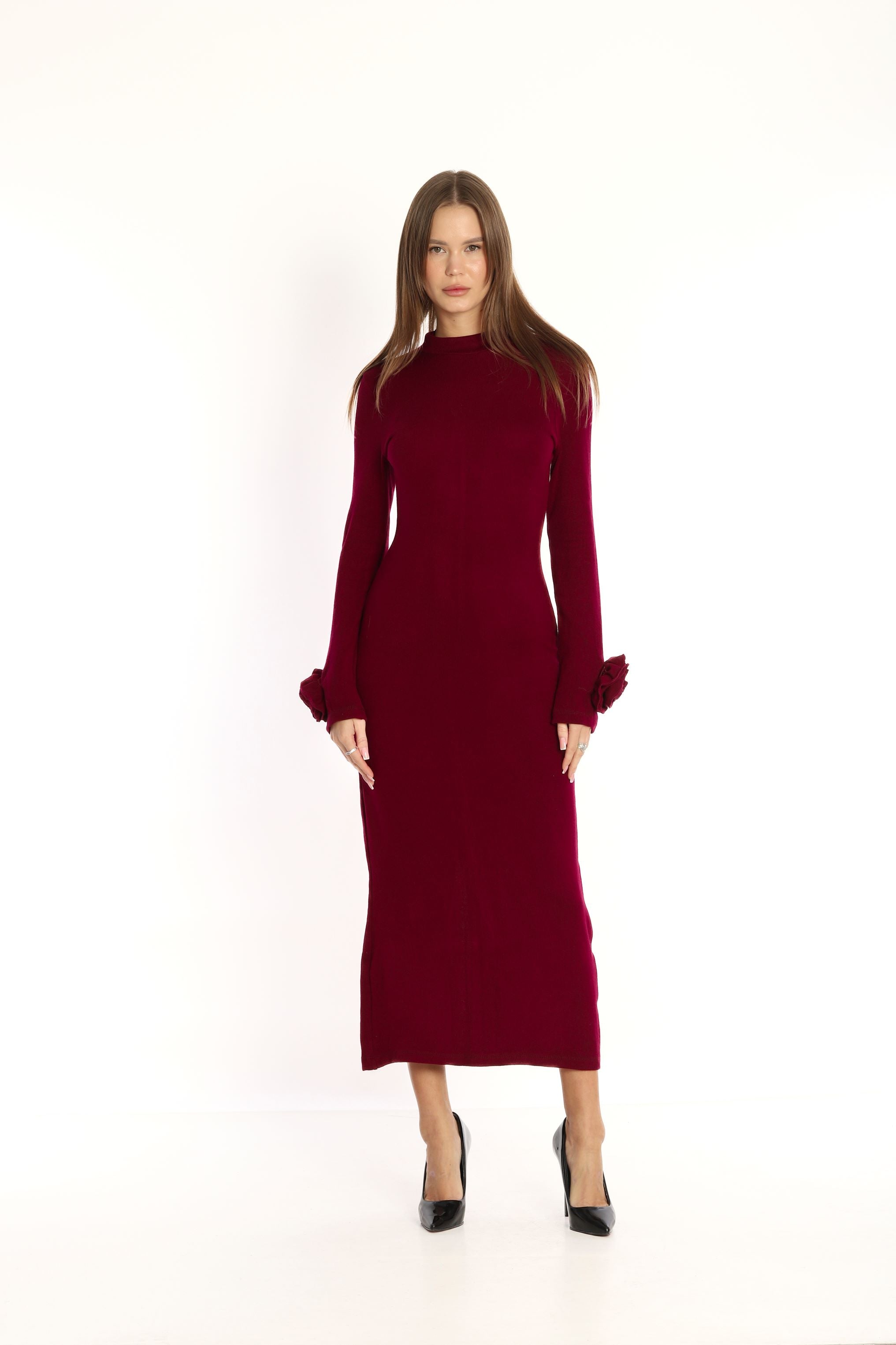 Rose Sleeve Knit Dress Burgundy