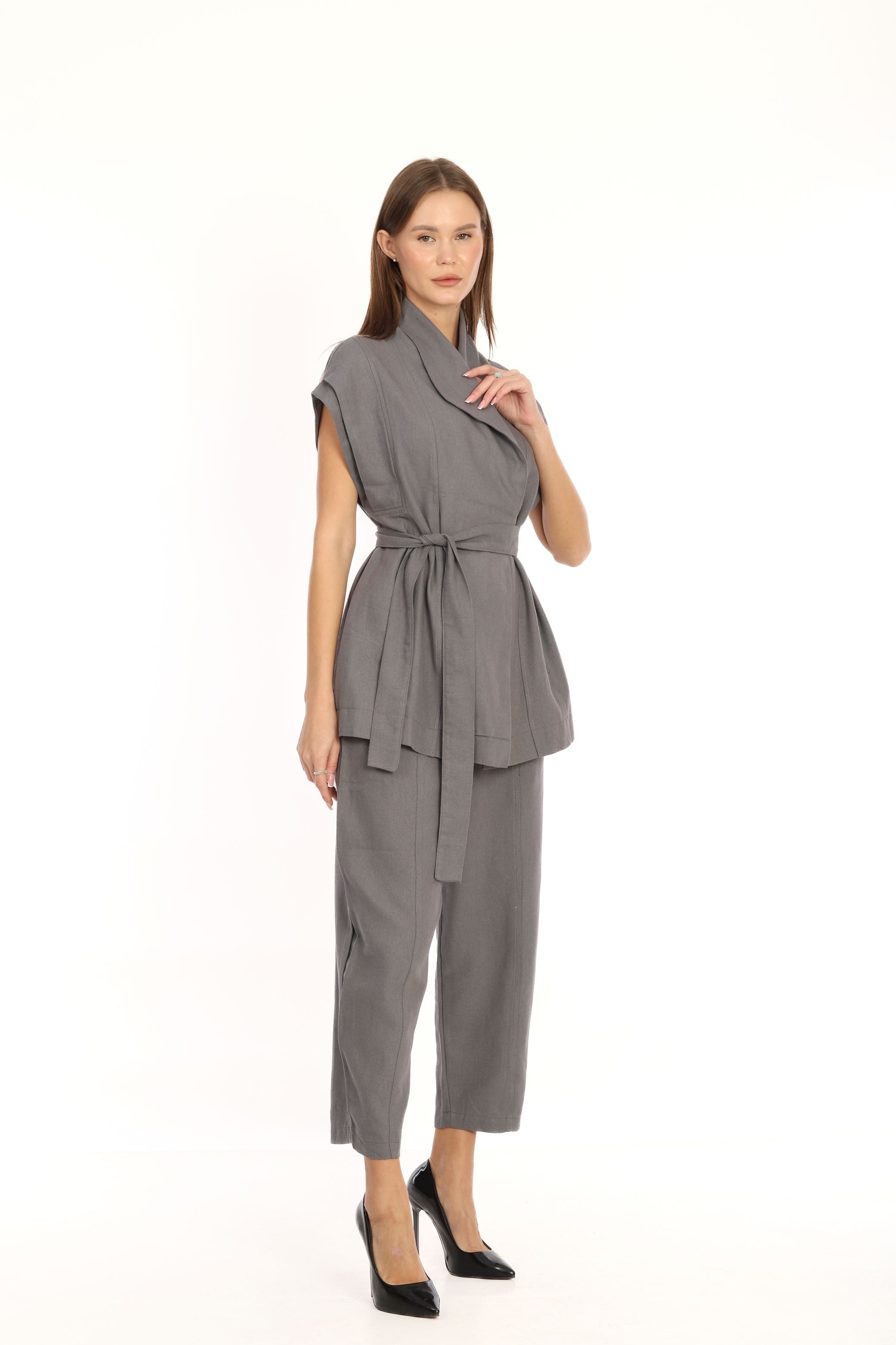 Juno Vest Belted Suit Gray