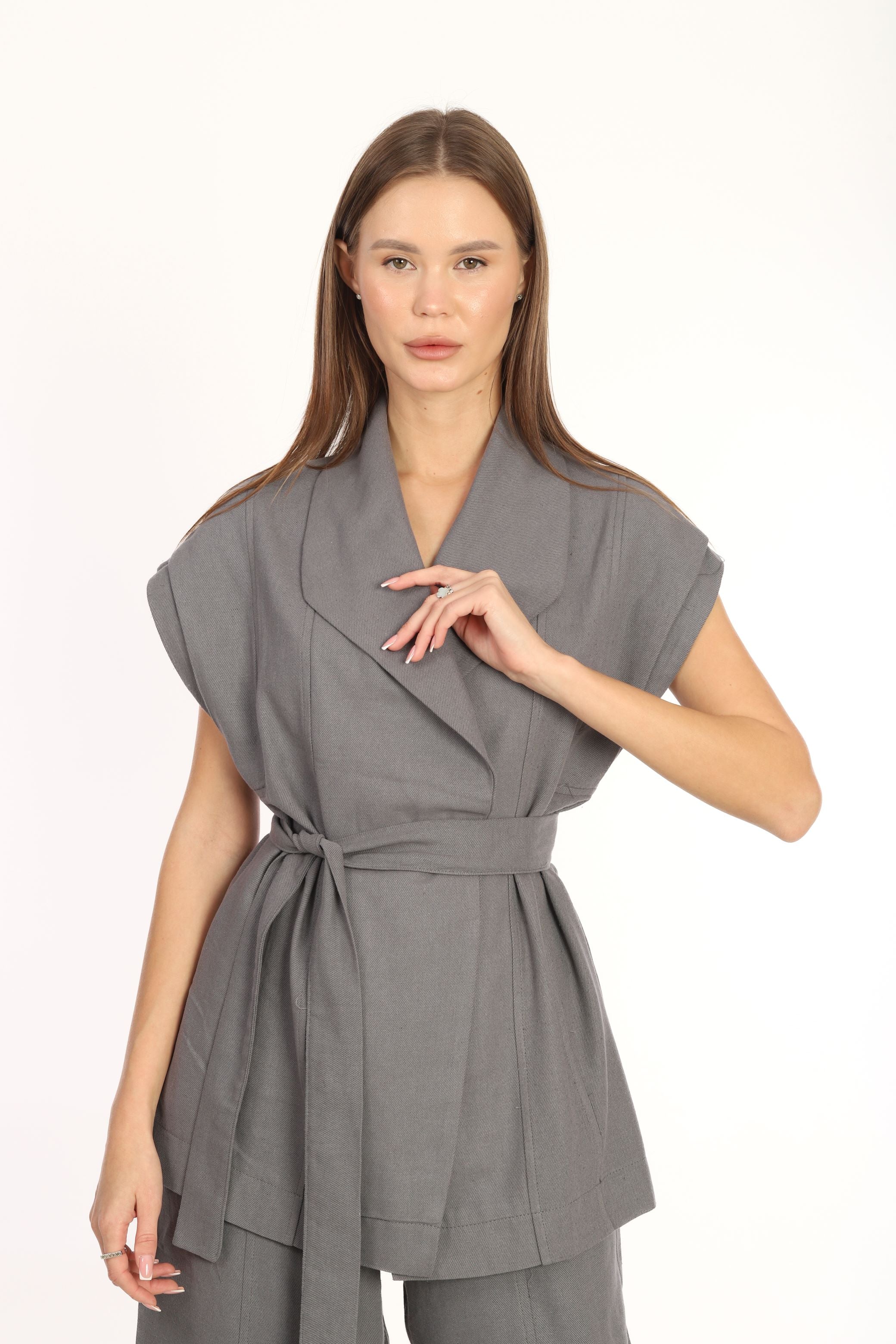 Juno Vest Belted Suit Gray