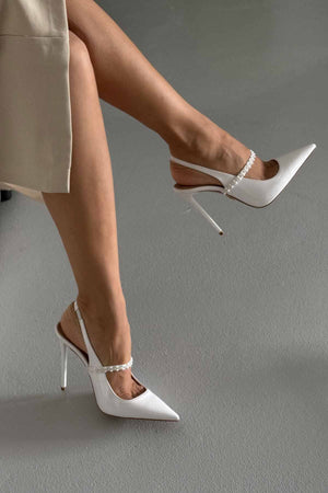 Yuka Pearl Detail Thin Heel 12 Cm White Patent Leather Stiletto