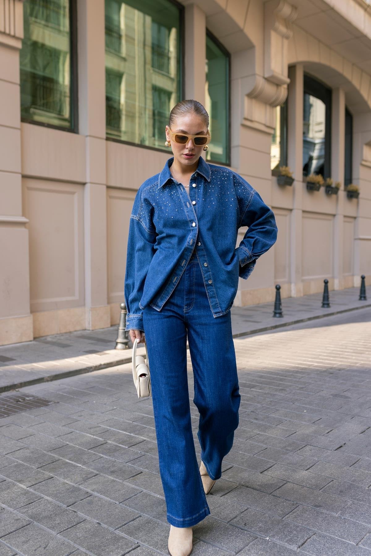 Navy Blue Stone Detailed Oversize Denim Shirt