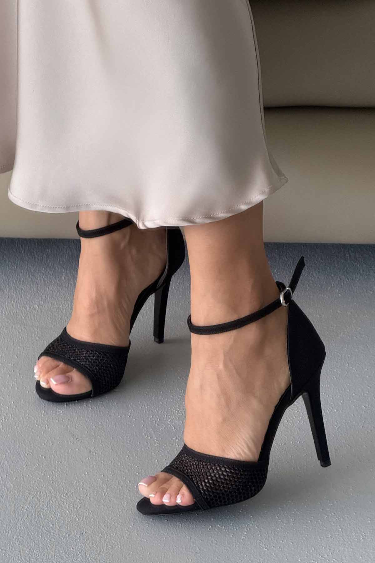 Bronze Black Suede Mesh Heeled Shoes