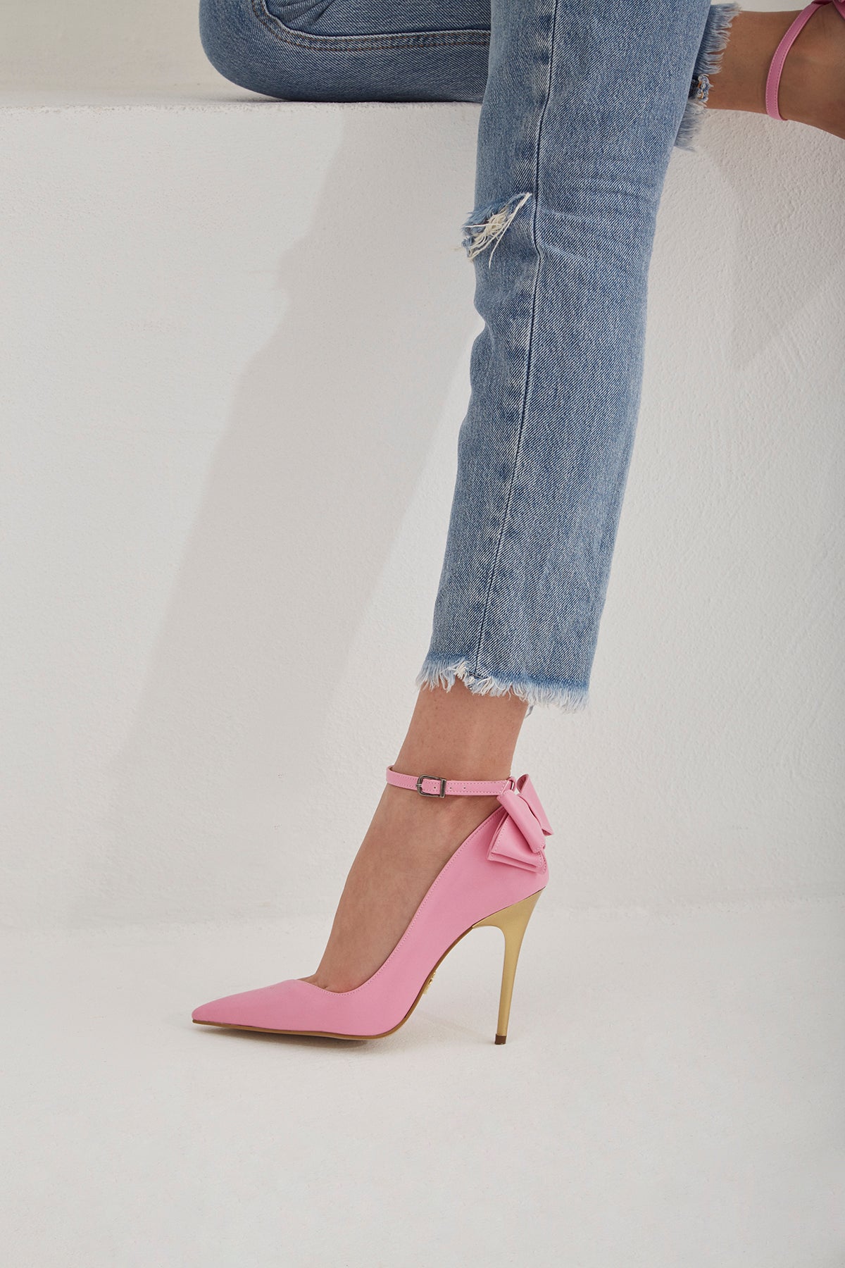 JAWHARA Ankle Strap Bowtie Detail Pink Matte Stiletto