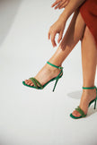 Miva Stone Detailed Ankle Strap Green Matte Satin Heeled Shoes - PRE ORDER