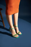 Miva Stone Detailed Ankle Strap Green Matte Satin Heeled Shoes - PRE ORDER