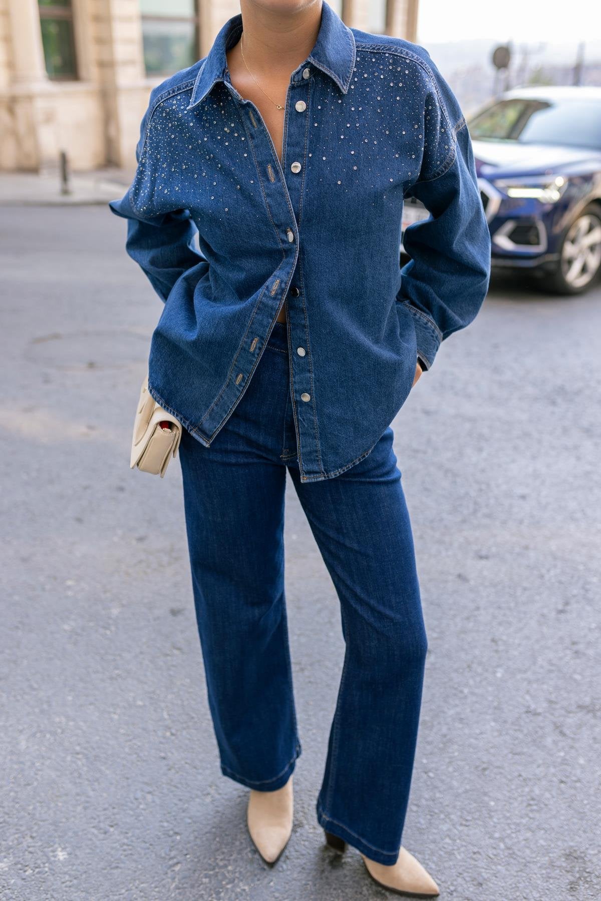 Navy Blue Stone Detailed Oversize Denim Shirt