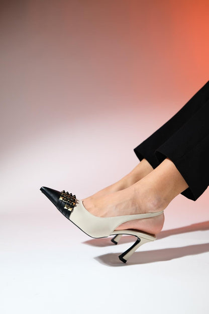 AELLA Beige Black Trock Pointed Toe Women's Heeled Shoes - Lebbse