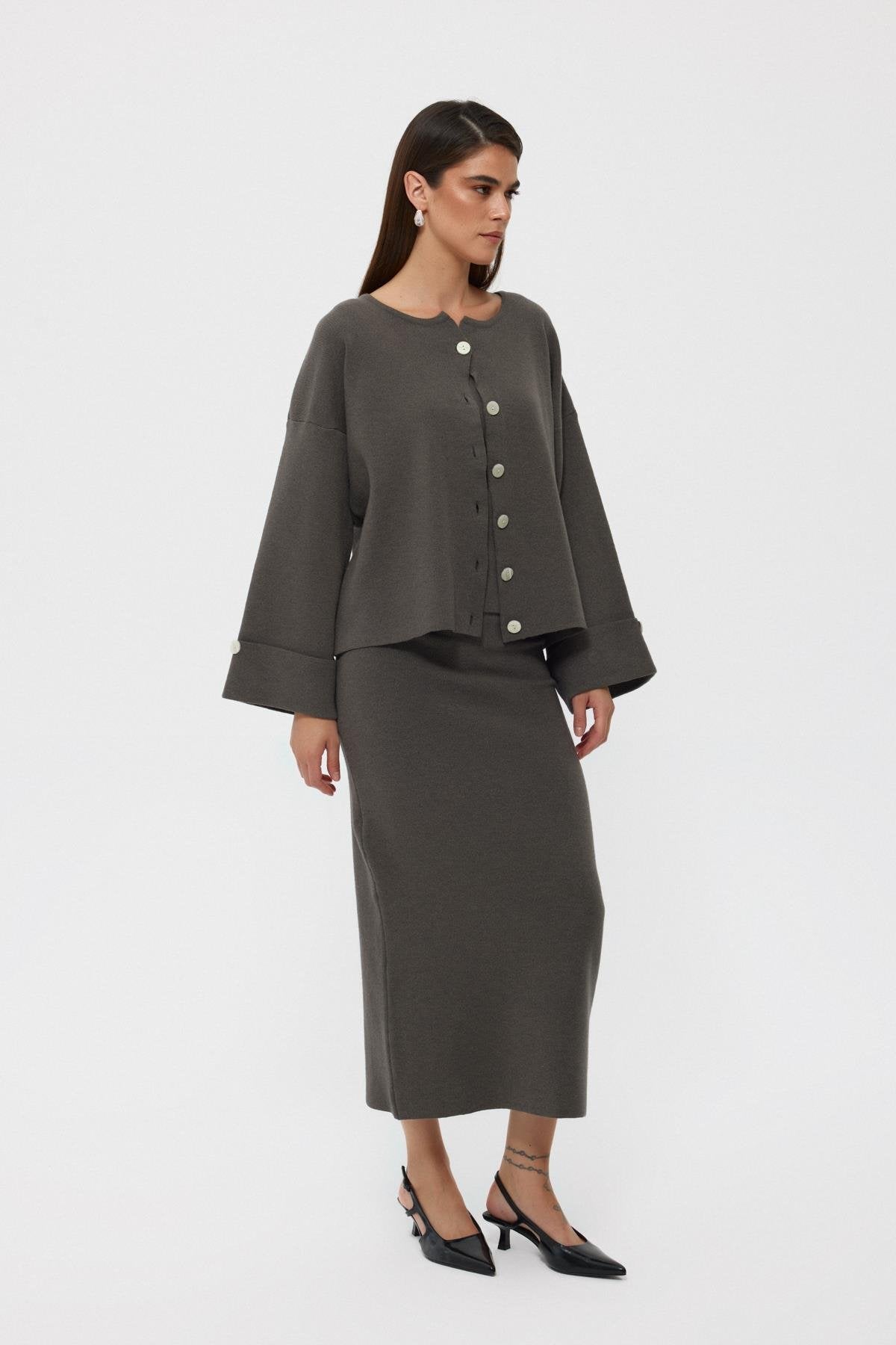 Anthracite Design Knitted Cardigan Blouse Skirt Set - Lebbse