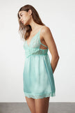 Aqua Green Satin Lace Detailed Rope Strap Knitted Babydoll - Lebbse