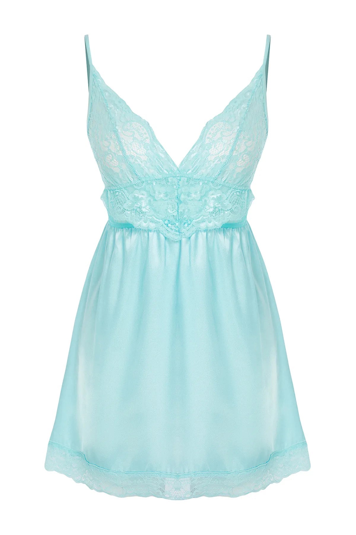 Aqua Green Satin Lace Detailed Rope Strap Knitted Babydoll - Lebbse