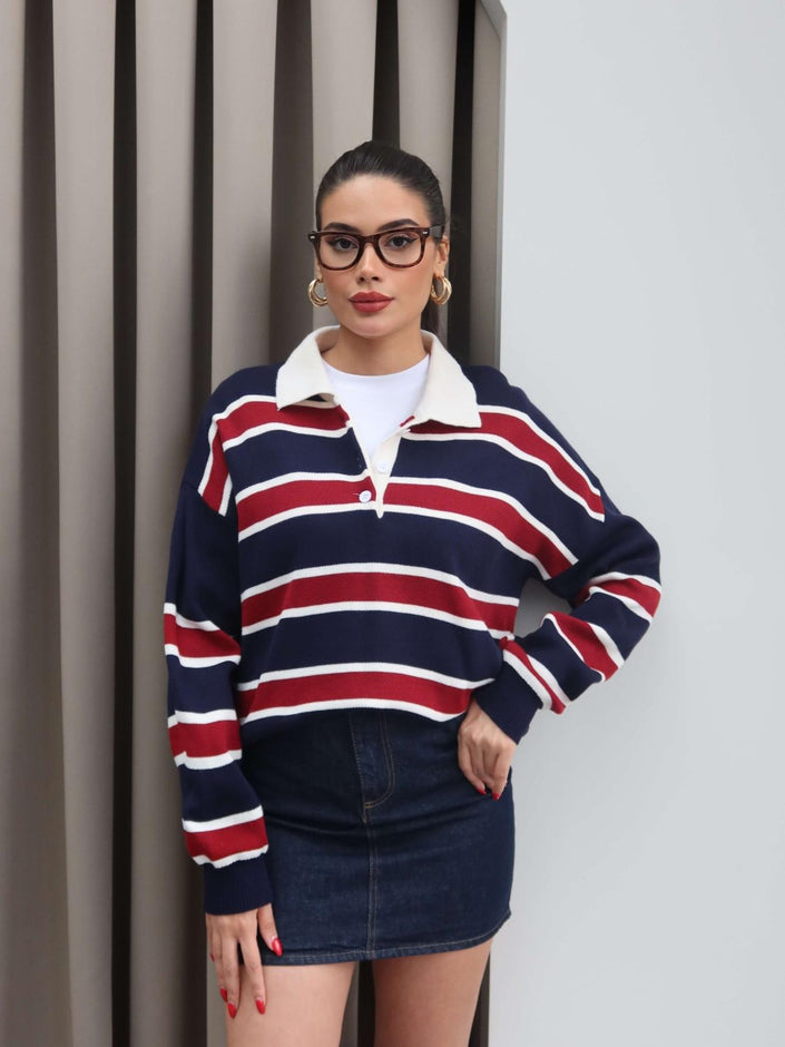 Polo Collar Striped Knit Sweater