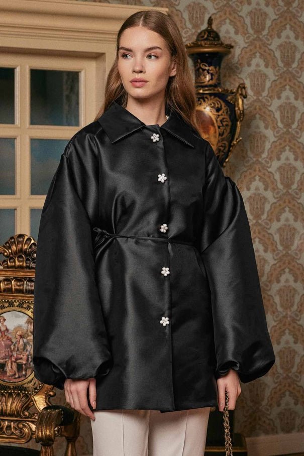 Balloon Sleeve Brocade Black Jacket - Lebbse