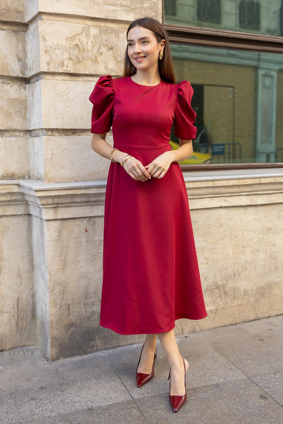 Balloon Sleeve Dress - DARK RED - Lebbse