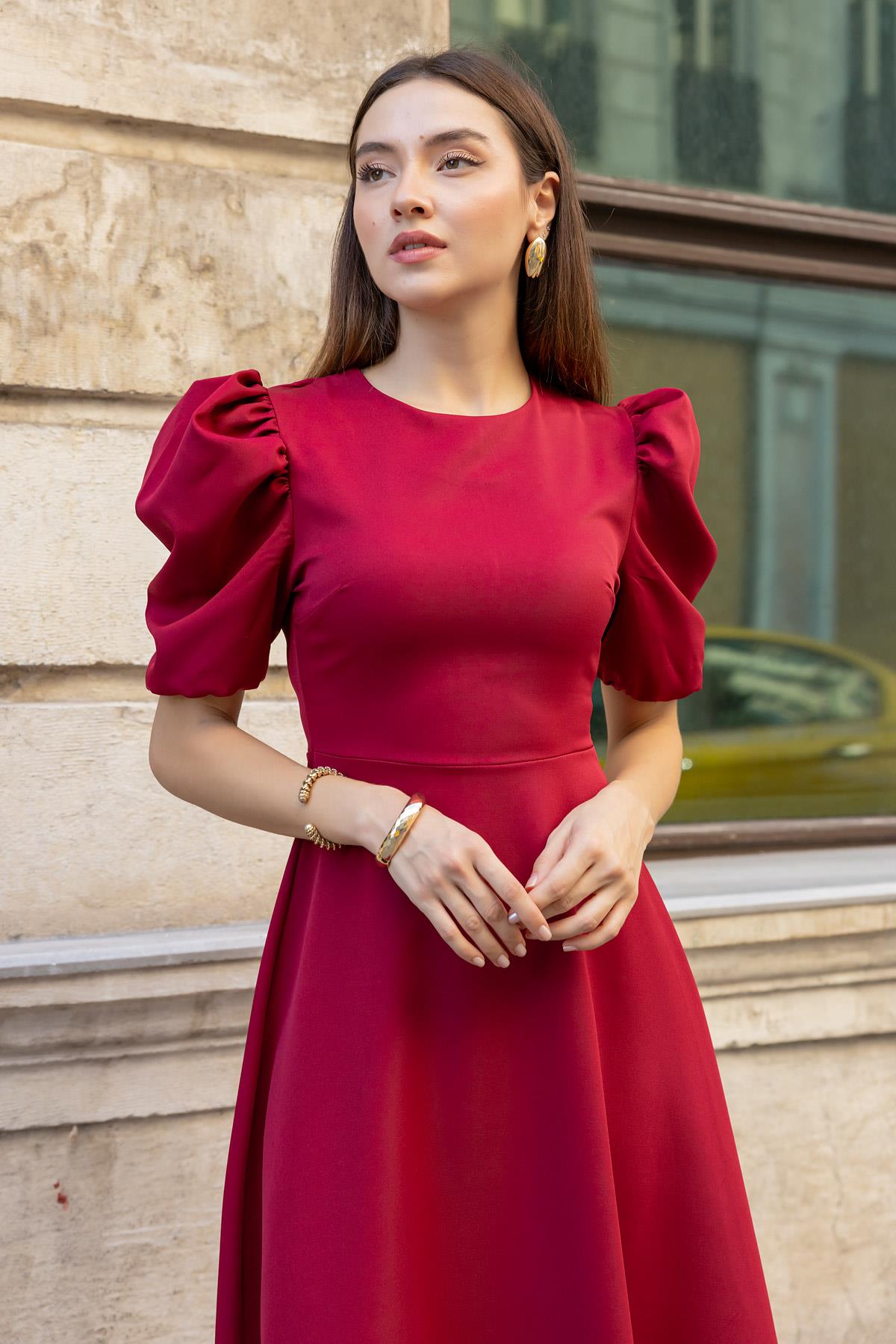 Balloon Sleeve Dress - DARK RED - Lebbse