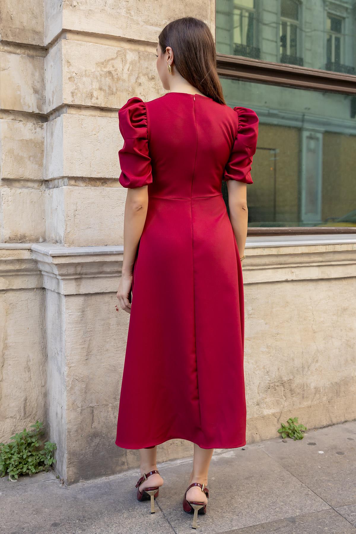 Balloon Sleeve Dress - DARK RED - Lebbse