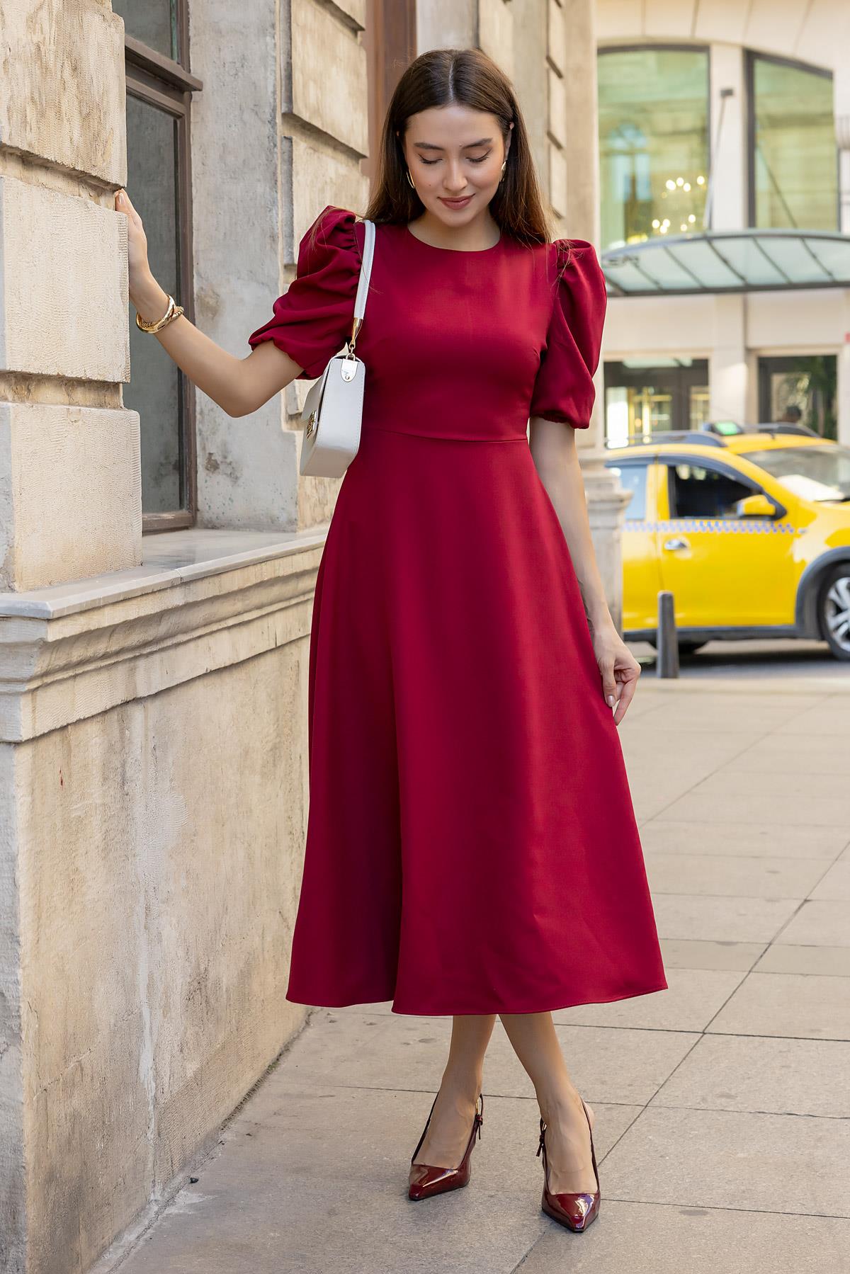 Balloon Sleeve Dress - DARK RED - Lebbse