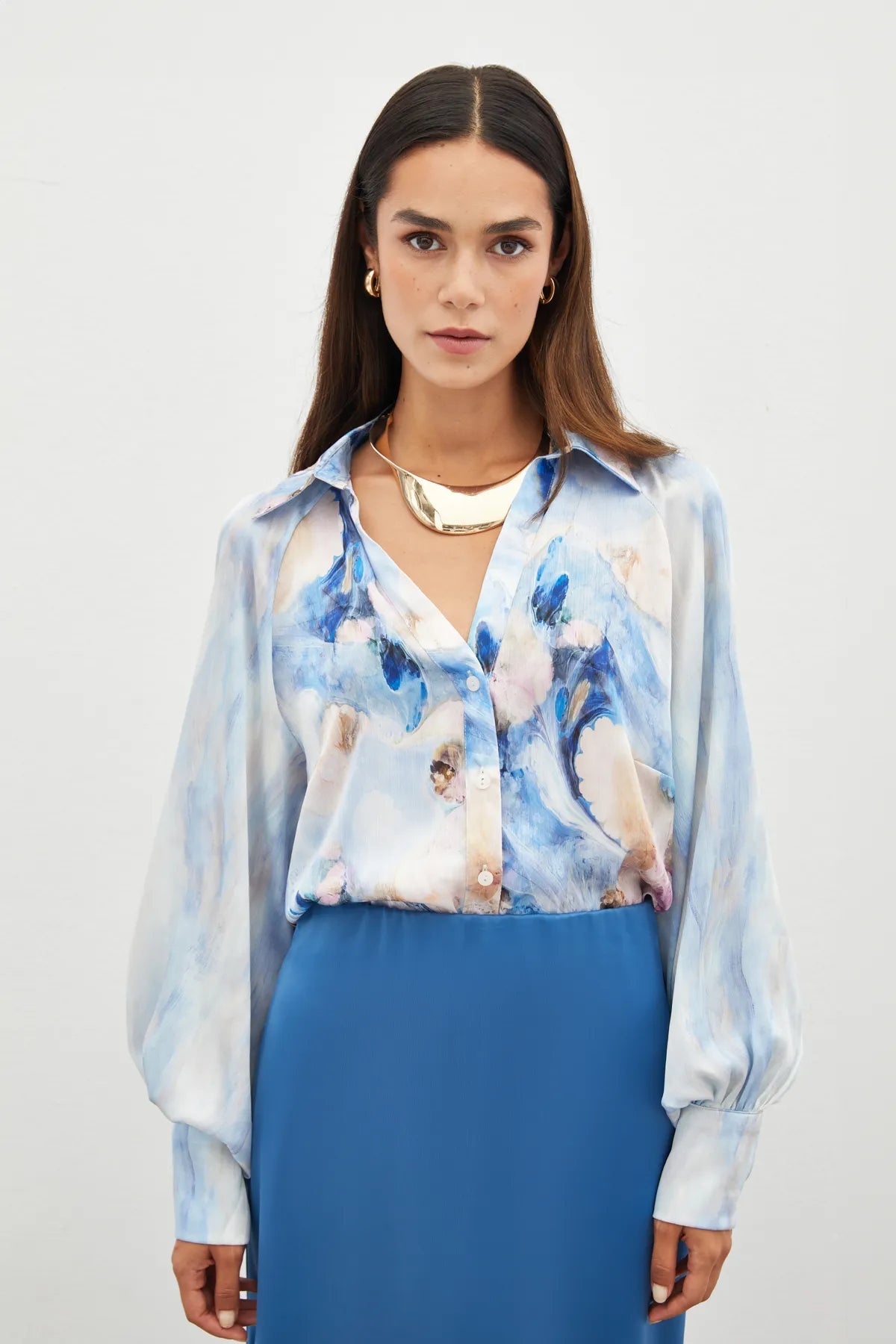 قميص نسائي منقوش بأكمام منفوخة أزرق - Balloon Sleeve Patterned Shirt - BLUE