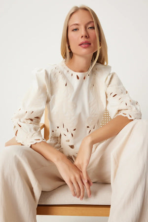 Balloon Sleeve Zippered Crop Blouse - Lebbse