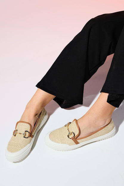 BARCELOS Beige Straw Buckle Women's Loafer Shoes - Lebbse