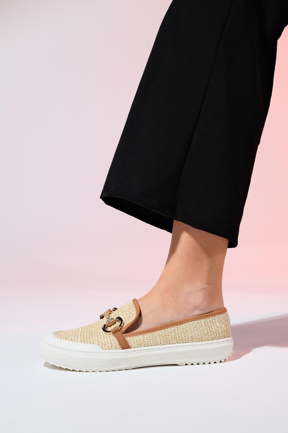 BARCELOS Beige Straw Buckle Women's Loafer Shoes - Lebbse
