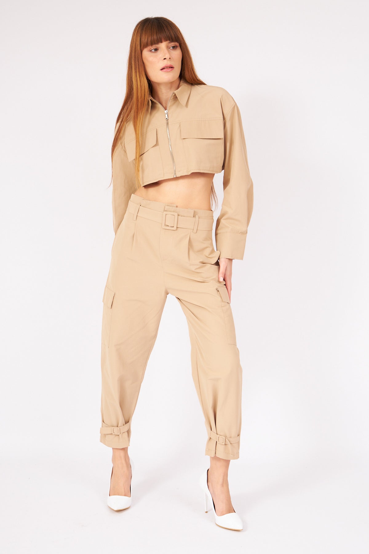 BEIGE BELT SHIRT TROUSERS SUIT - Lebbse