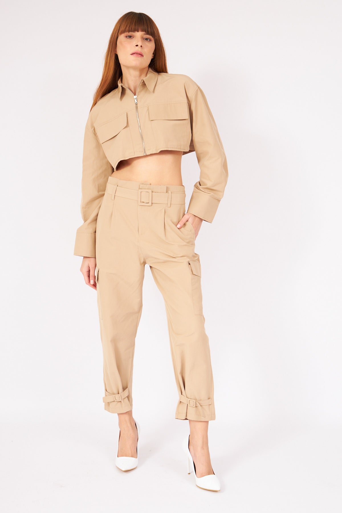 BEIGE BELT SHIRT TROUSERS SUIT - Lebbse