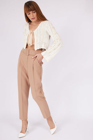 BEIGE COATED BELT TROUSERS - Lebbse