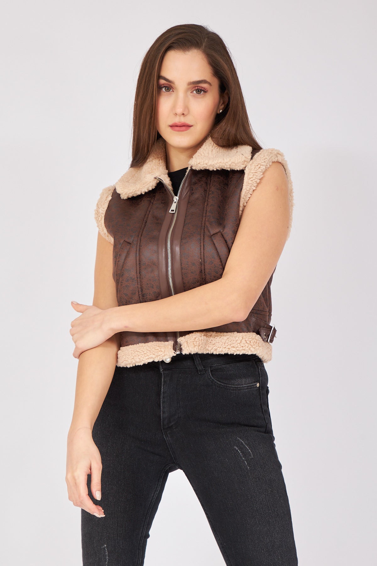 Beige Furry Collar and Waist Detailed Zippered Vest - Lebbse