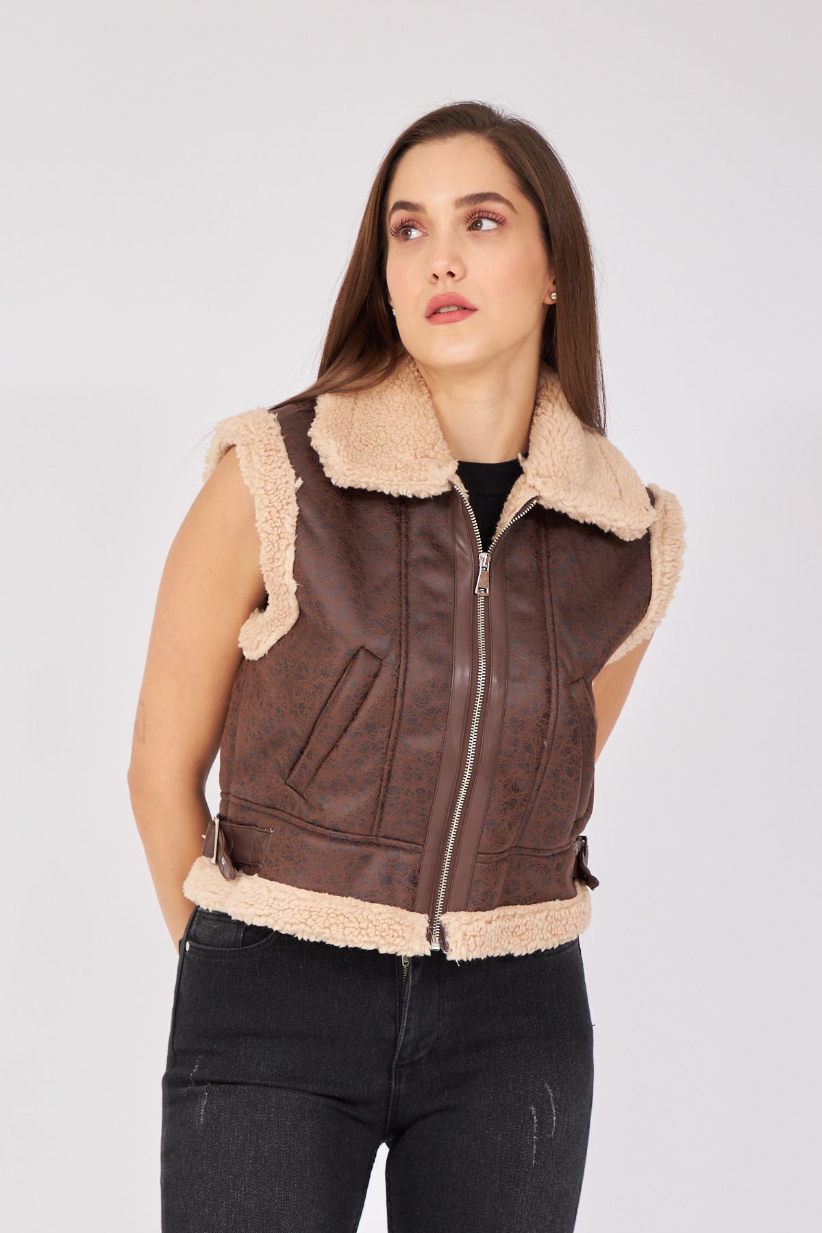 Beige Furry Collar and Waist Detailed Zippered Vest - Lebbse