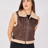 Beige Furry Collar and Waist Detailed Zippered Vest - Lebbse