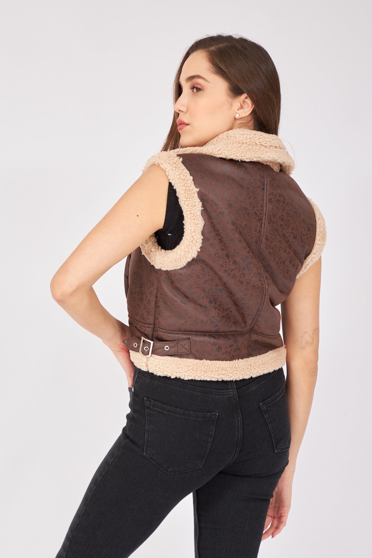 Beige Furry Collar and Waist Detailed Zippered Vest - Lebbse