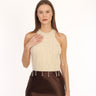 بلوزه تريكو نسائي بيج بتفاصيل احبال لؤلؤية - Beige Pearl Detailed Crop