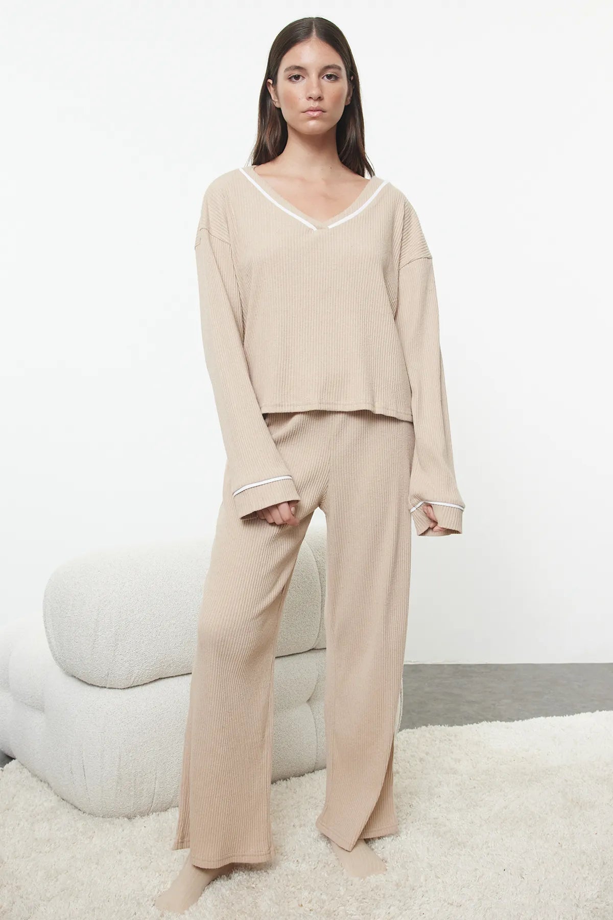 Beige Piping Detailed Ribbed Knitted Pajama Set - Lebbse