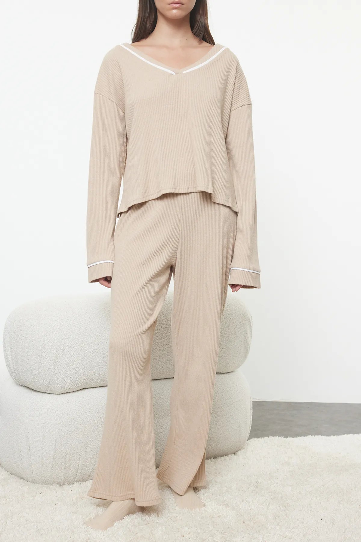 Beige Piping Detailed Ribbed Knitted Pajama Set - Lebbse