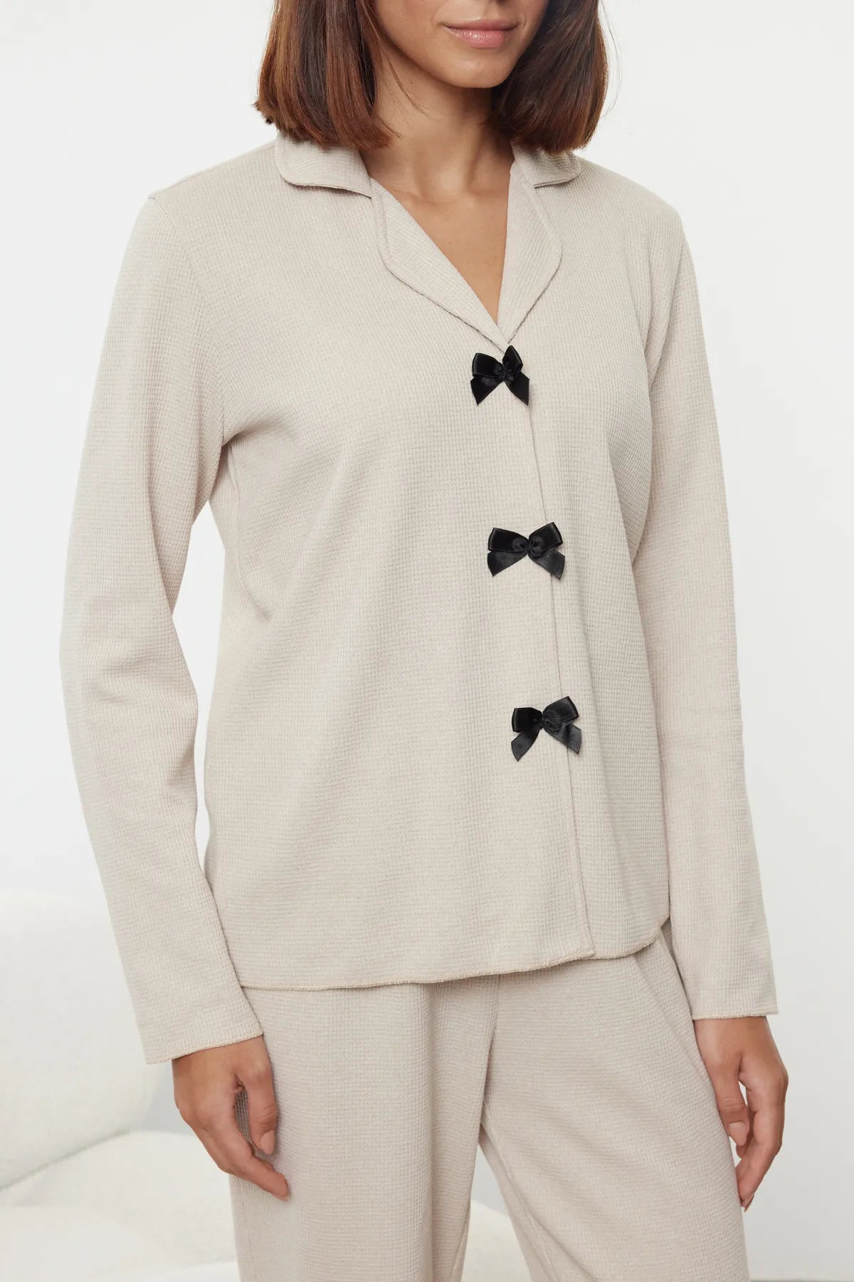 Beige Ribbon Bow Waffle Fabric Knitted Pajama Set - Lebbse