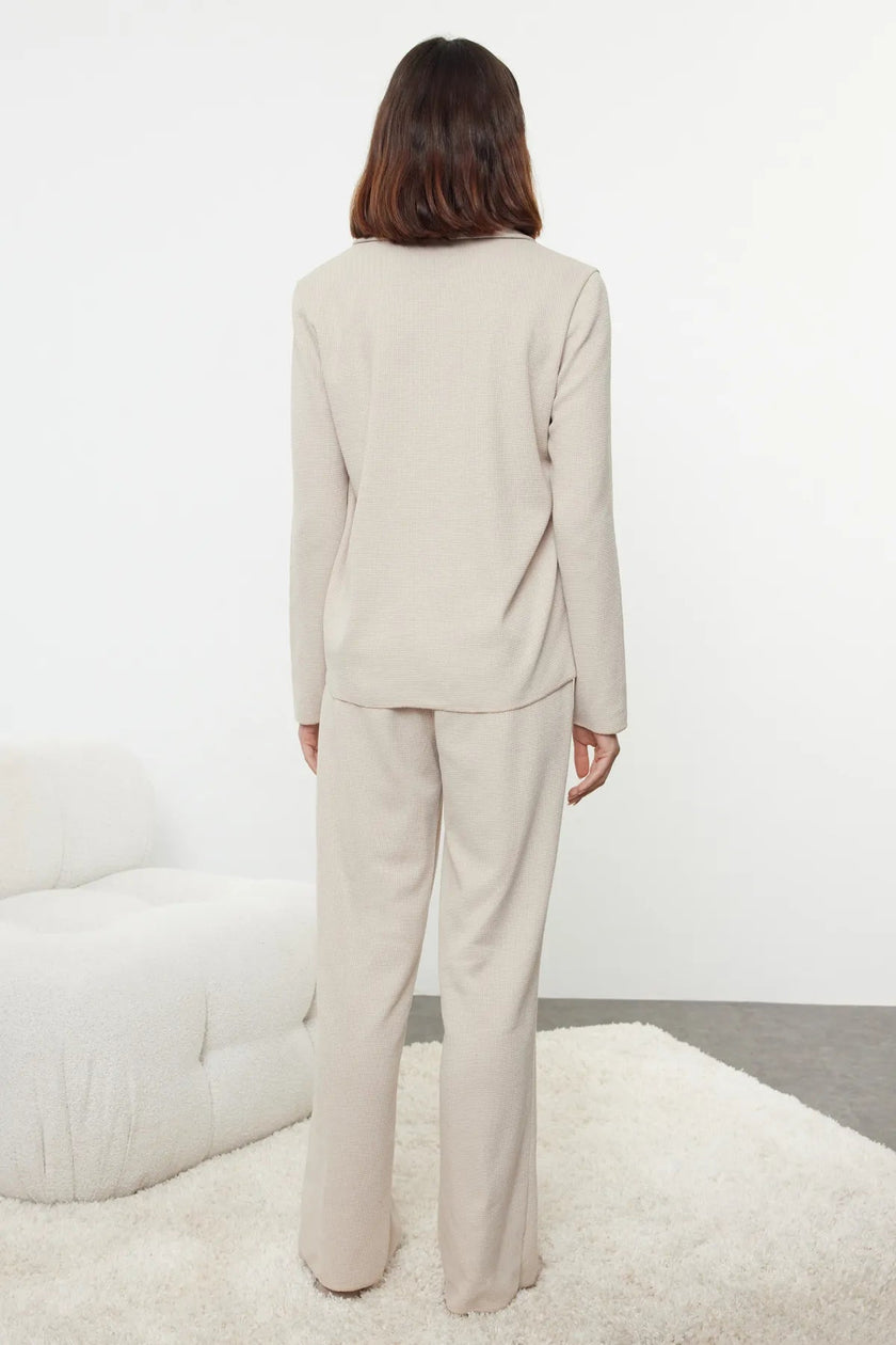 Beige Ribbon Bow Waffle Fabric Knitted Pajama Set - Lebbse