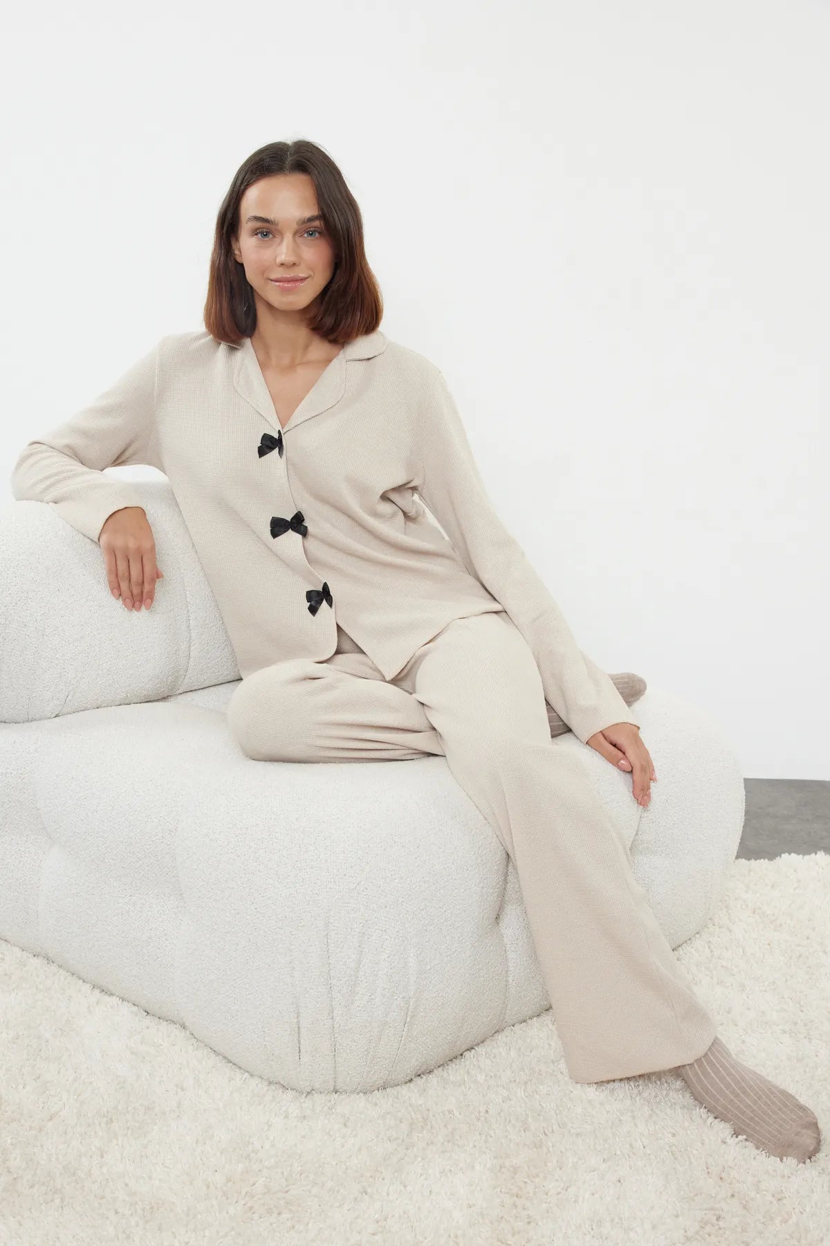 Beige Ribbon Bow Waffle Fabric Knitted Pajama Set - Lebbse